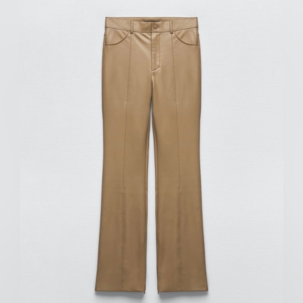 ZARA Faux Leather Flare Pants - Tan